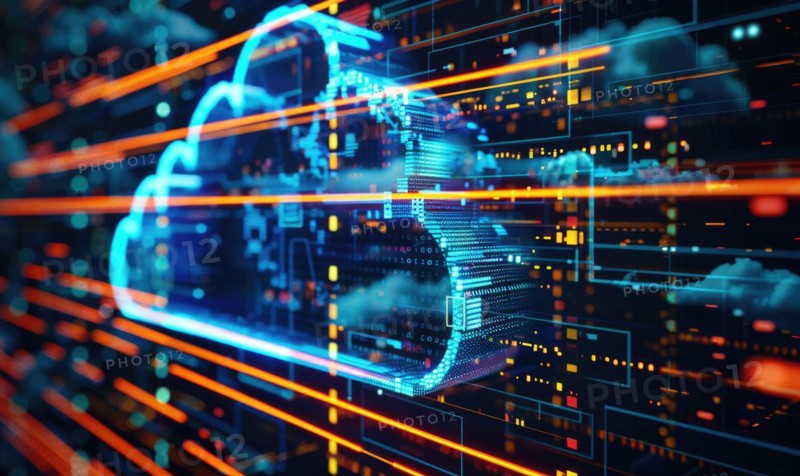 Cloud computing background with server racks and digital data streams AI generated