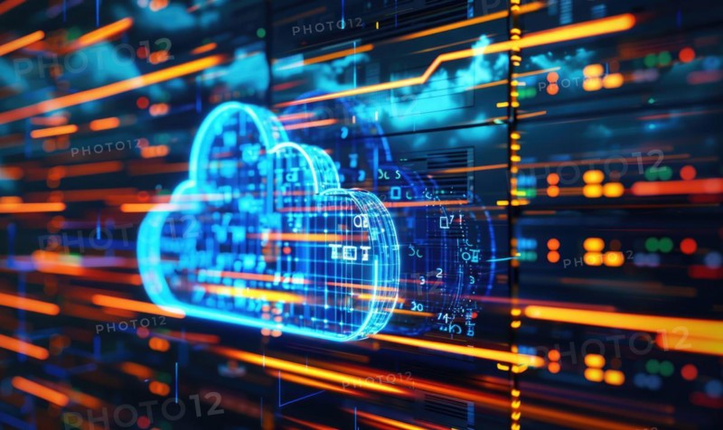 Cloud computing background with server racks and digital data streams AI generated