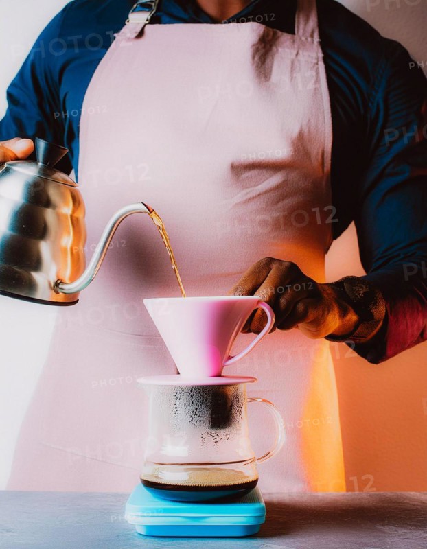 Person with apron manually brewing coffee, pouring water from kettle into a coffee filter, Vertical aspect ratio, AI generated