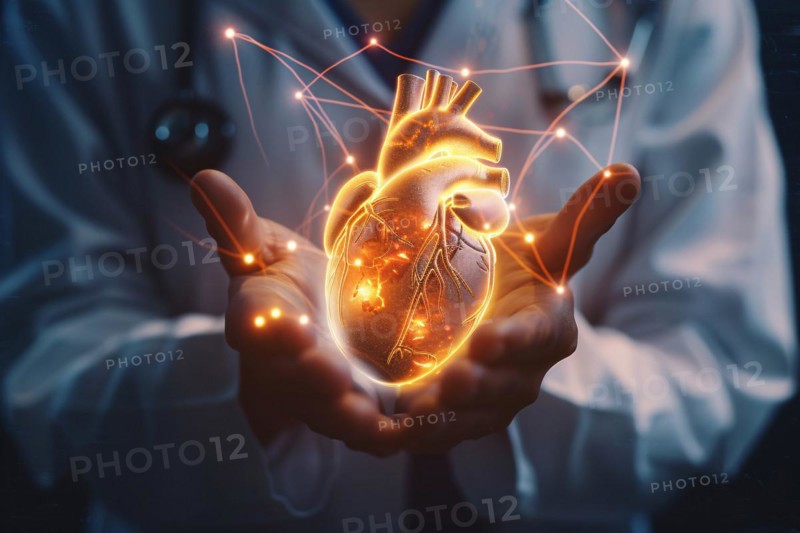 Doctor's hands holding virtual glowing image of human heart. KI generiert, generiert, AI generated