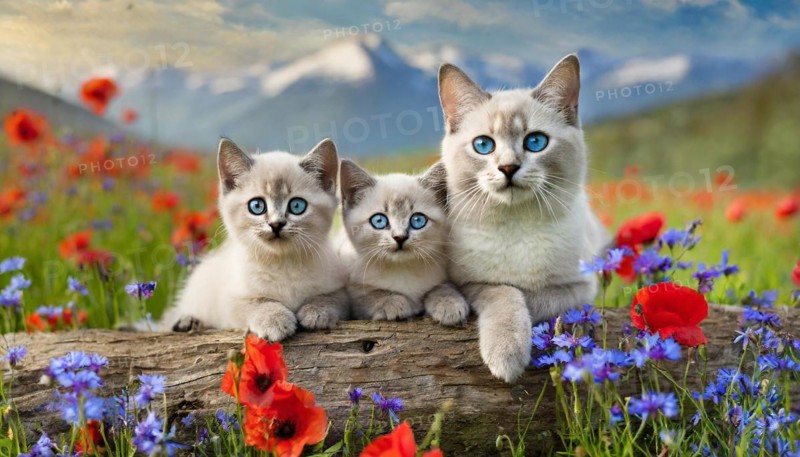 KI generated, animal, animals, mammal, mammals, cat, felidae (Felis catus), a cat and two kittens resting on a tree trunk, flower meadow, spring, summer