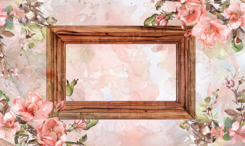 A gold frame with pink flowers on the wall. Abstract background with frame and space for text AI generated