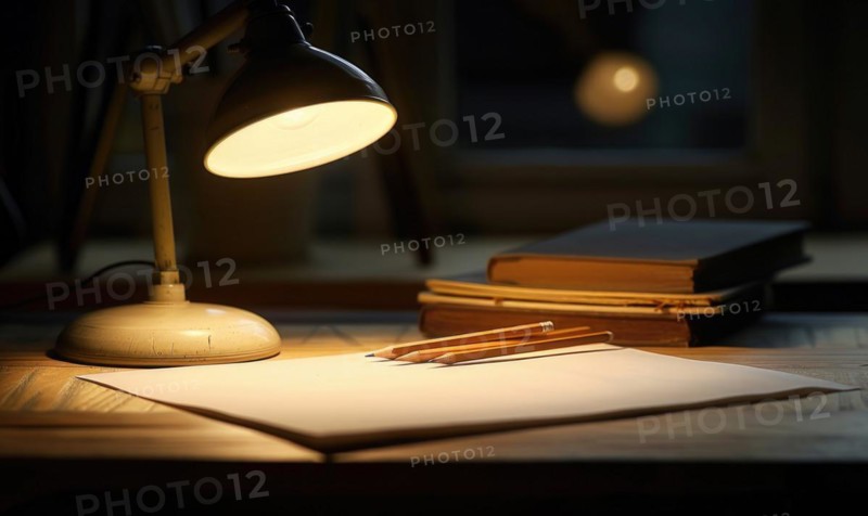 Graphite pencils and white paper illuminated by the soft glow of a desk lamp AI generated