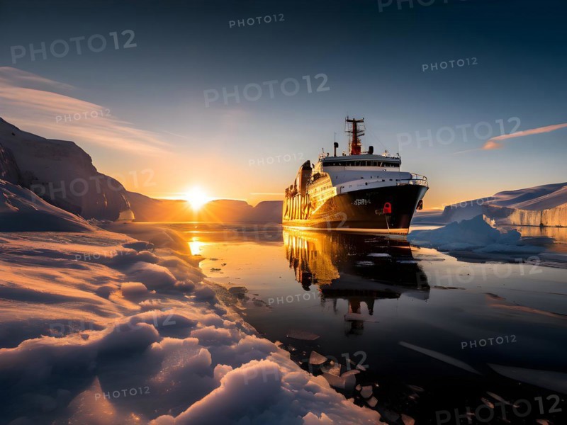 Icebreaker ship carving a path through thick ice of the polar region, AI generated