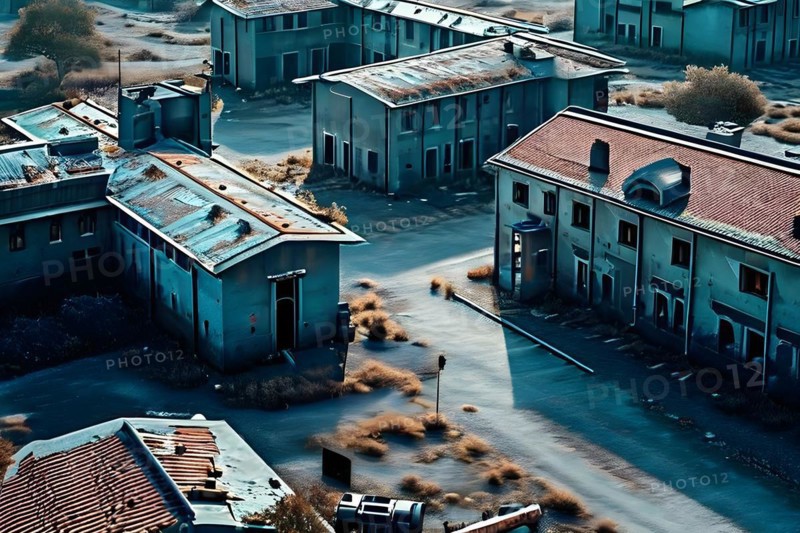 Aerial view of deserted military base featuring empty barracks and abandoned tanks in silent, AI generated