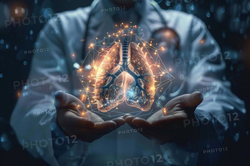 Doctor's hands holding virtual image of human lung. KI generiert, generiert, AI generated