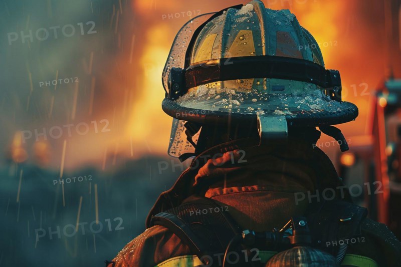 Back view of firefighter with helmet. KI generiert, generiert, AI generated