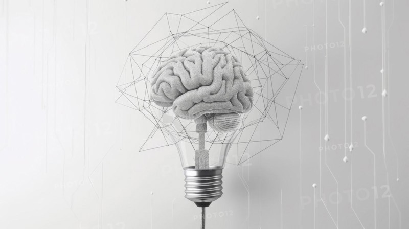 A textured brain forms the filaments of a light bulb surrounded by a wireframe geometric shape, ai generated, AI generated