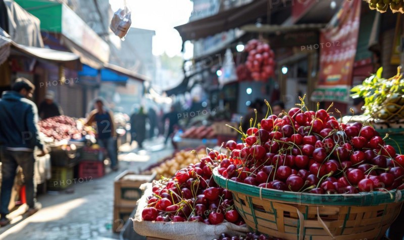 Closeup view of rip cherries selling on city market AI generated