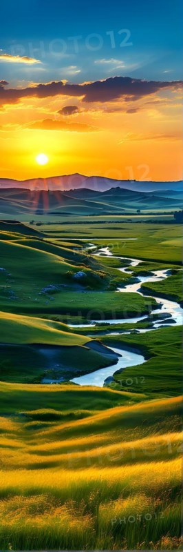 AI generated abstract painting of grasslands under a blazing sunset waves of greens