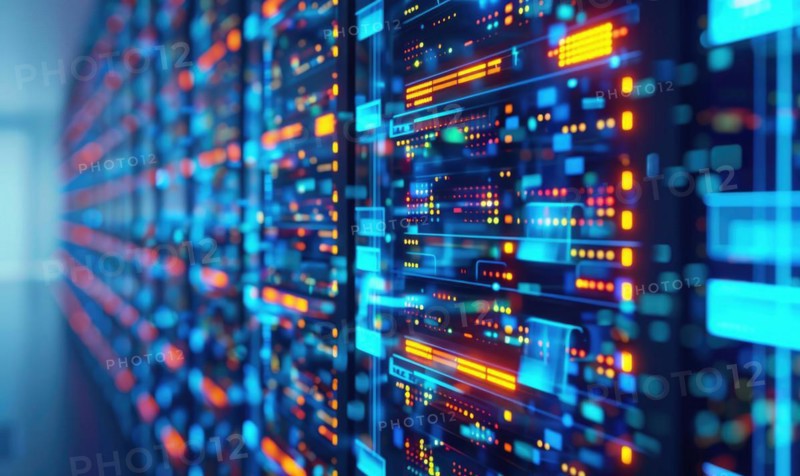 Cloud computing background with server racks and digital data streams AI generated
