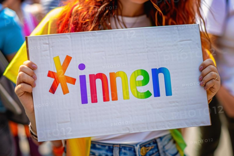 Woman holding up sign with colorful text saying *innen, a suffix used for gender neutral language in Germany. KI generiert, generiert, AI generated
