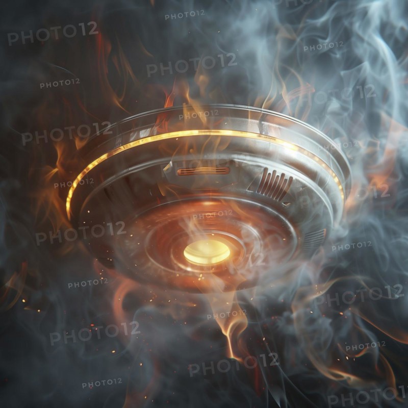 A modern smoke detector goes off in an environment full of smoke and ash, AI generates, AI generated