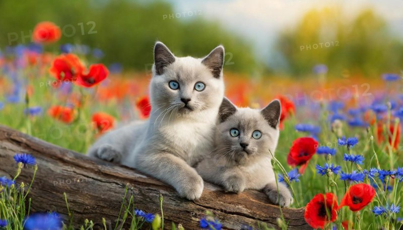 KI generated, animal, animals, mammal, mammals, cat, felidae (Felis catus), a cat and a kitten resting in a meadow with colourful flowers