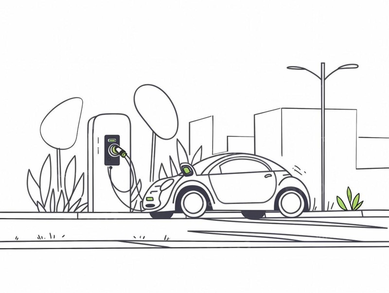 Monochrome line art of an electric car charging near a cityscape with plants, illustration, AI generated