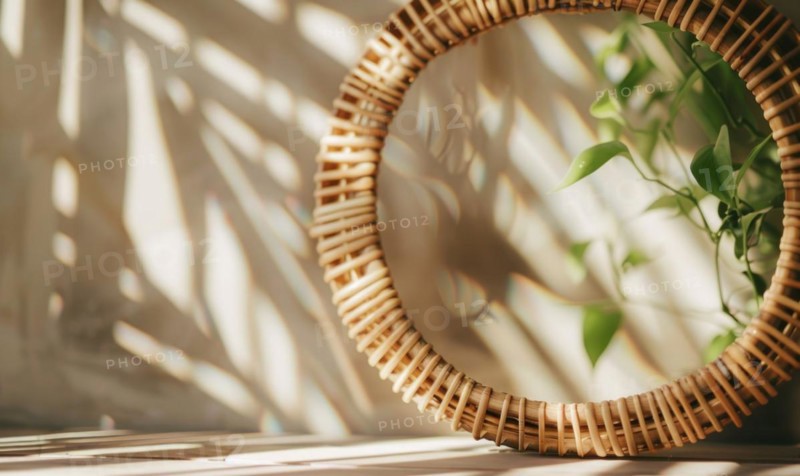 Delicate rattan frame on minimalistic natural material flat background, space for text AI generated