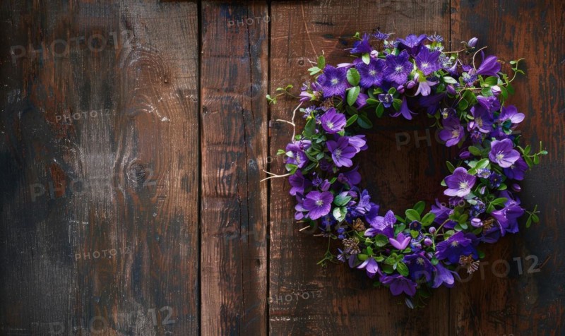 Bellflower wreath on a wooden door AI generated
