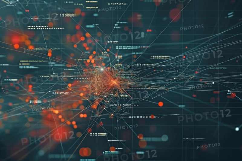 A captivating visualization of complex data, depicted as interconnected lines and nodes, illuminated by glowing particles against a dark backdrop, symbolizing network and information flow, AI generated