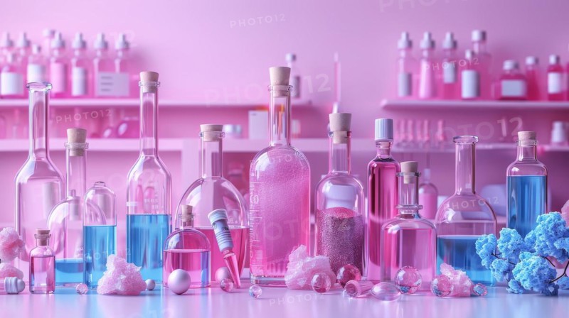 Assortment of laboratory glassware filled with colorful liquids on a pink background, ai generated, AI generated