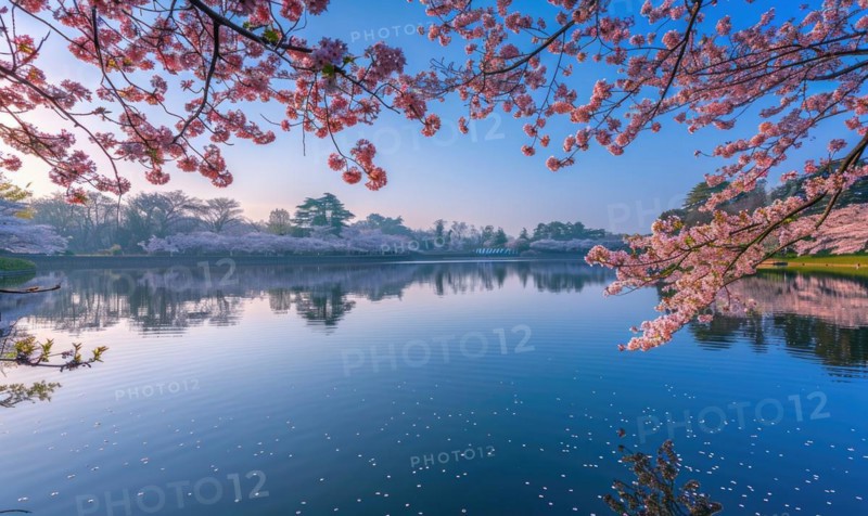 A spring lake surrounded by blooming cherry blossoms AI generated