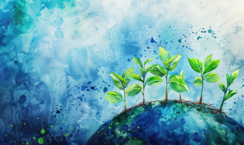 Vibrant watercolor painting of Earth with tree saplings growing on top AI generated