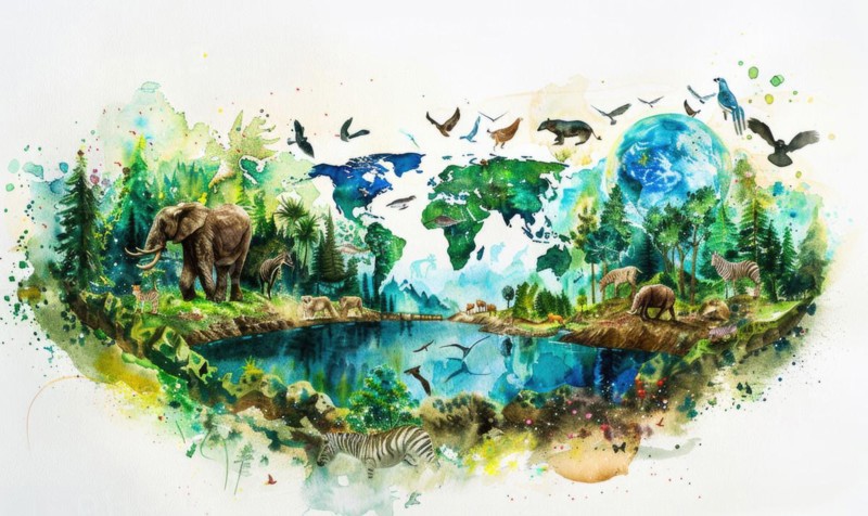 Watercolor illustration of Earth with wildlife and forests AI generated