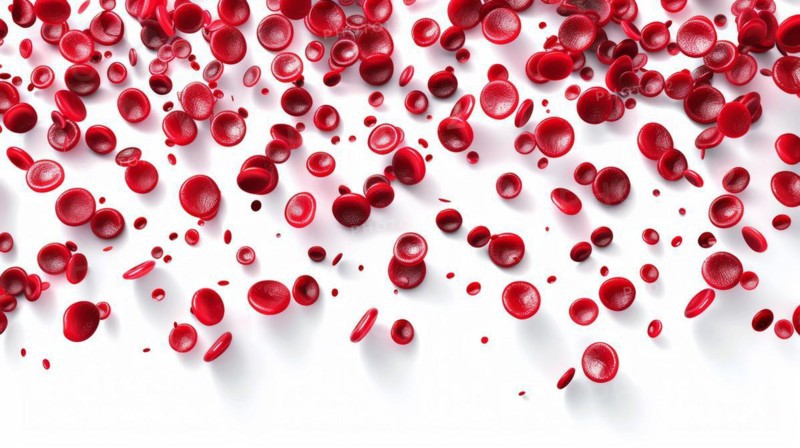 A multitude of red blood cells chaotically scattered on white background, ai generated, AI generated