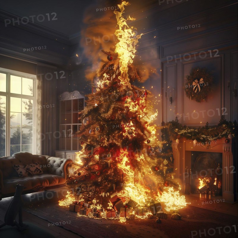 A Christmas tree on fire in a living room, posing a clear fire hazard, AI generated