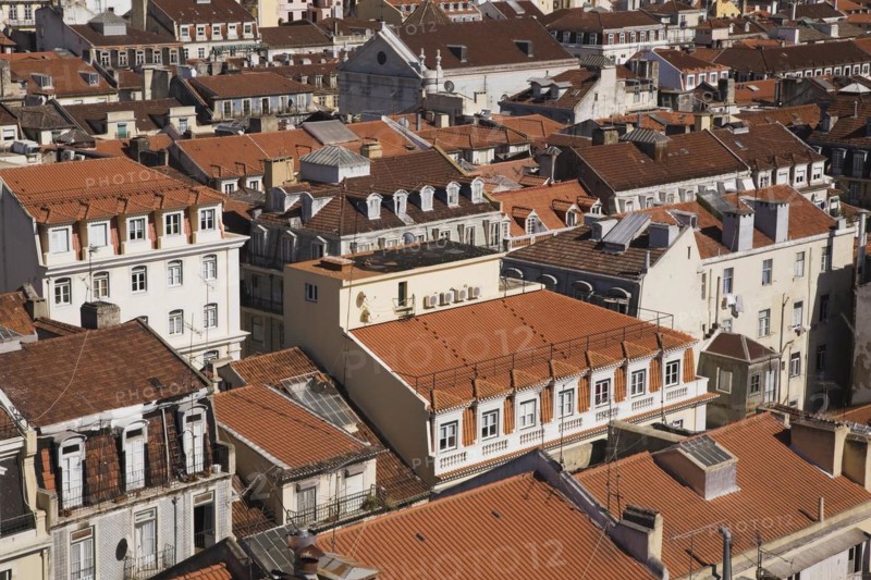 High angle view of buildings with traditional terracotta tiled rooftops in old Lisbon from Santa Justa elevator observation platform, Lisbon, Portugal, Europe