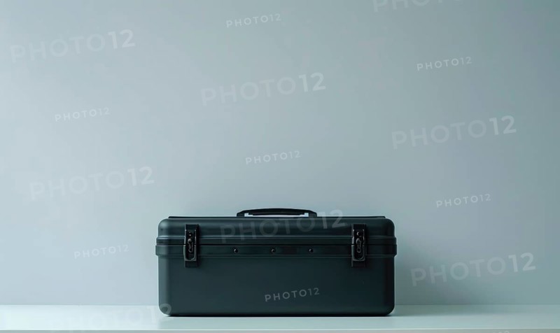 A dark, sturdy toolbox with a closed latch on a simple gray background AI generated