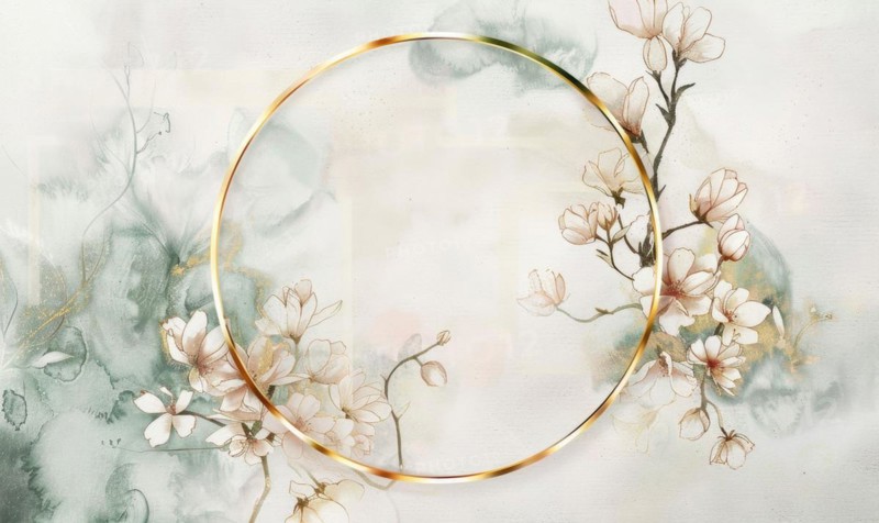 Thin golden frame on watercolor background, space for text AI generated