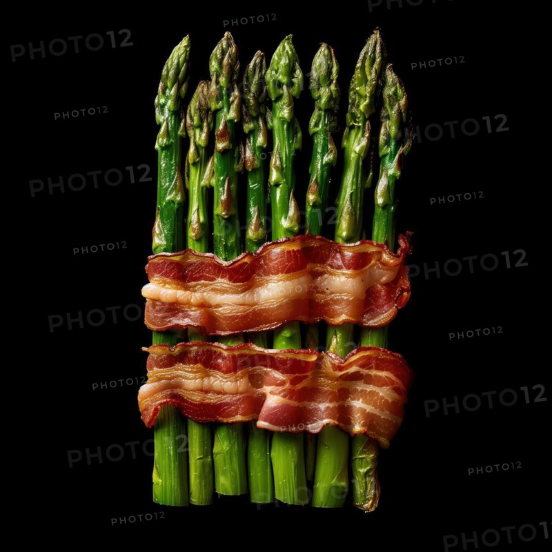Fresh green asparagus wrapped in bacon strips against a dark backdrop, AI generated