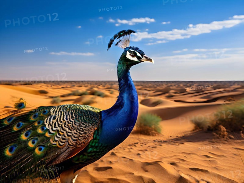 Peacock with the full display of magnificent plumage usp in each feather in the Thar desert, AI generated