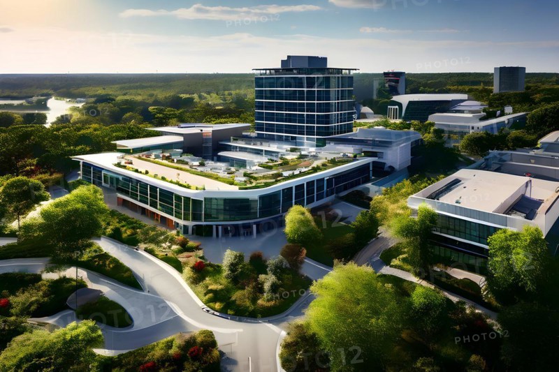 Aerial view of a modern hospitals green roof designed as a therapeutic garden, AI generated, modern, architecture