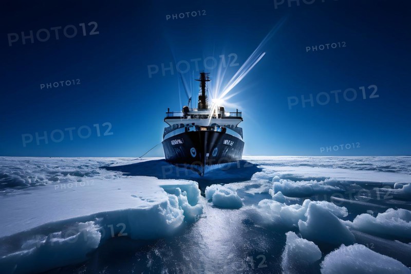 Icebreaker ship carving a path through thick ice of the polar region, AI generated