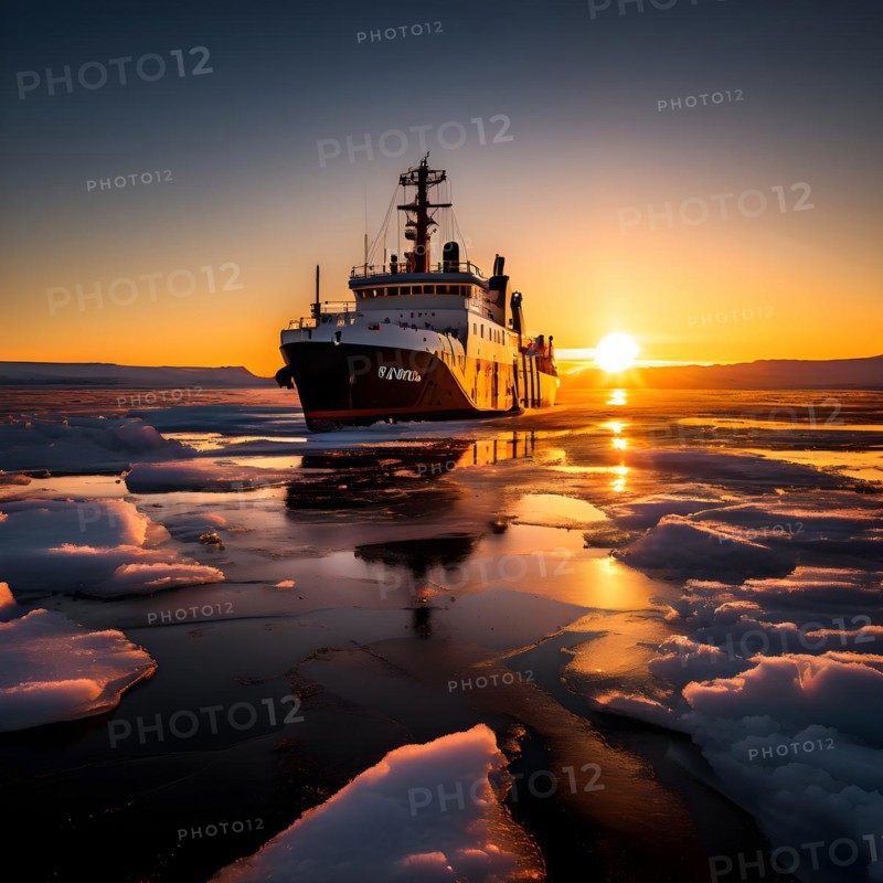 Icebreaker ship carving a path through thick ice of the polar region, AI generated