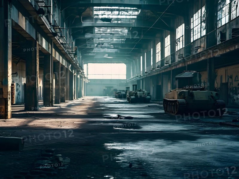 Deserted military base featuring empty barracks and abandoned tanks in silent, AI generated