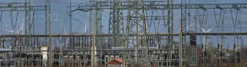 Stendal West substation with wind turbines in the background near Luederitz, panoramic photo, Stendal, Saxony-Anhalt, Germany, Europe