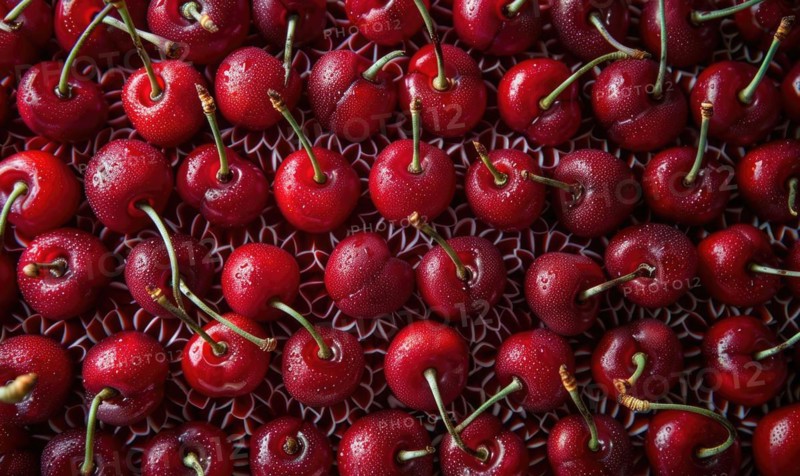 Ripe cherries arranged in an intricate pattern, rip cherries background AI generated