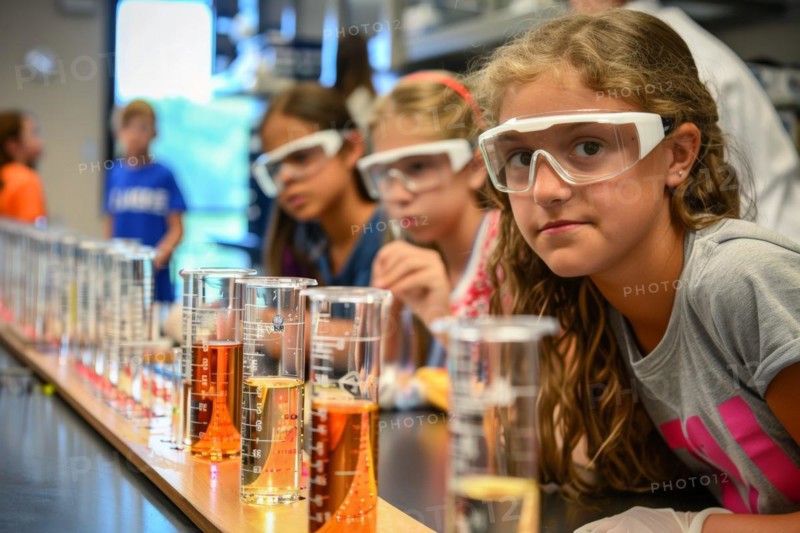 Pupils experimenting in a classroom with safety goggles, chemistry lessons, AI generated, AI generated, AI generated