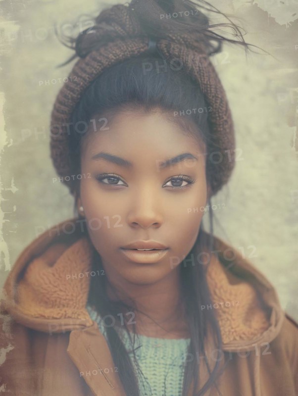 Portrait of a young woman wearing winter clothing and a knit cap, soft focus on her brown eyes, AI generated