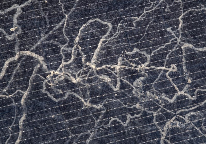 Sahara dust on a solar module, solar panel, a balcony system on a green roof, Braunschweig, Lower Saxony, Germany, Europe