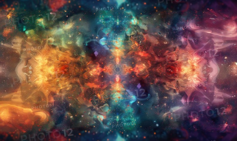 Symmetrical abstract representation of a vibrant cosmic nebula in red and blue AI generated