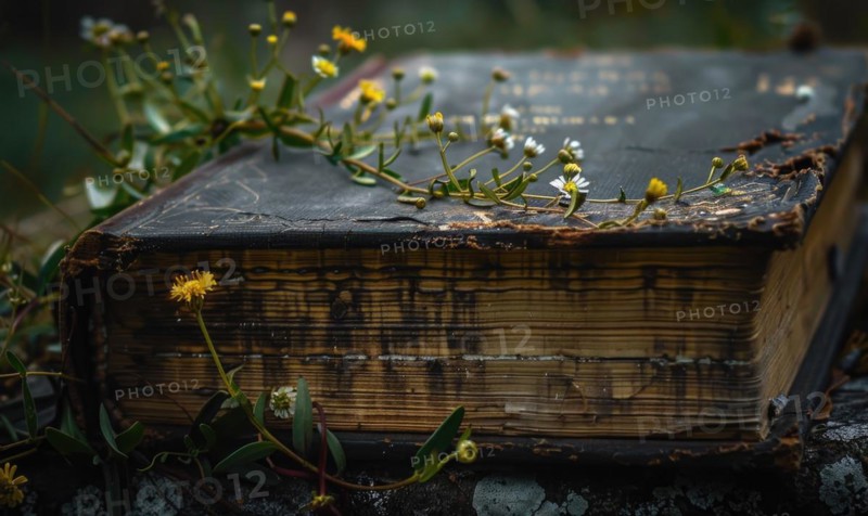 Close-up of a weathered old book with wildflowers growing from its spine AI generated