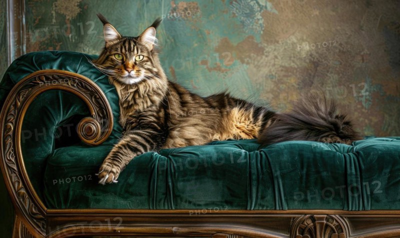 Maine Coon cat posing elegantly on a velvet chaise lounge AI generated