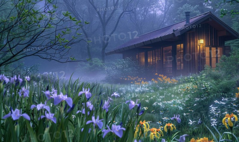 Morning mist enveloping a contemporary wooden cabin hidden deep within a spring garden filled with blooming irises and lilies AI generated