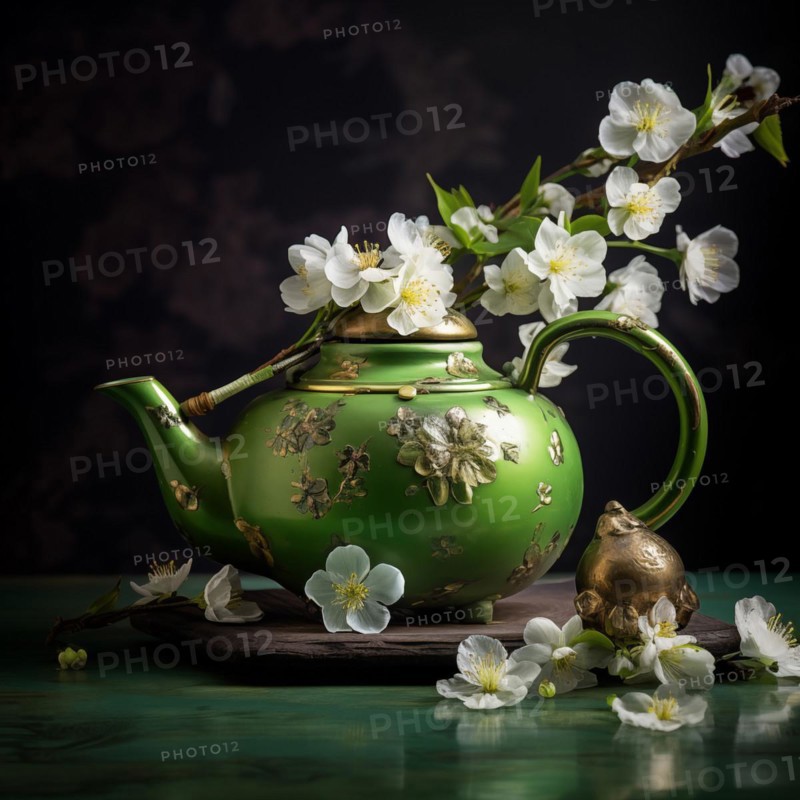 Green Teapot with Golden Floral Designs and White Blossoms, AI generated