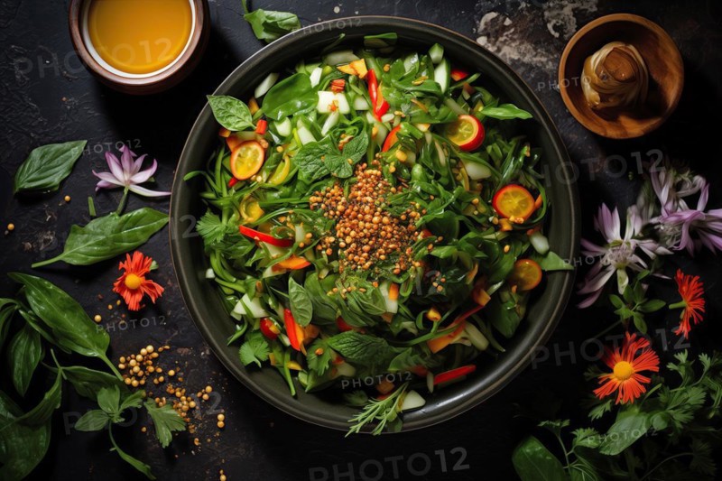 Vibrant Burmese Green Tea Salad with Zucchini Noodles, AI generated