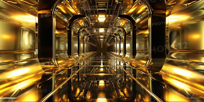 Futuristic golden hallway room. KI generiert, generiert, AI generated