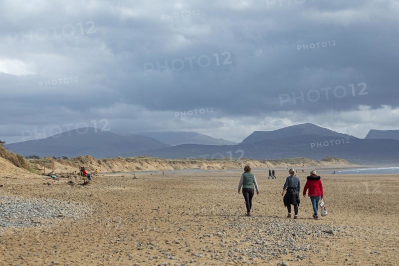 Beach, people, clouds, mountains, LLanddwyn Bay, Newborough, Isle of Anglesey, Wales, Great Britain